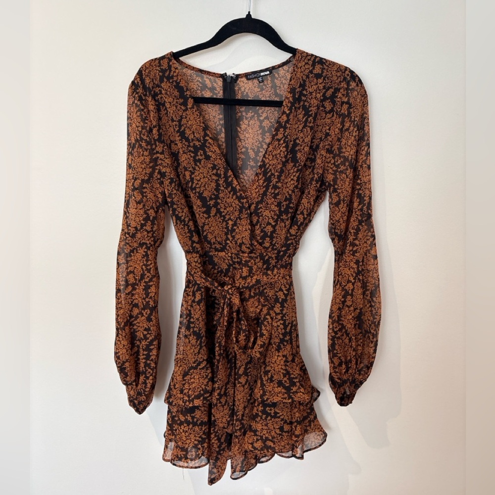 Fashion Nova Sheer Floral Wrap Mini Dress – Black & Rust (L)